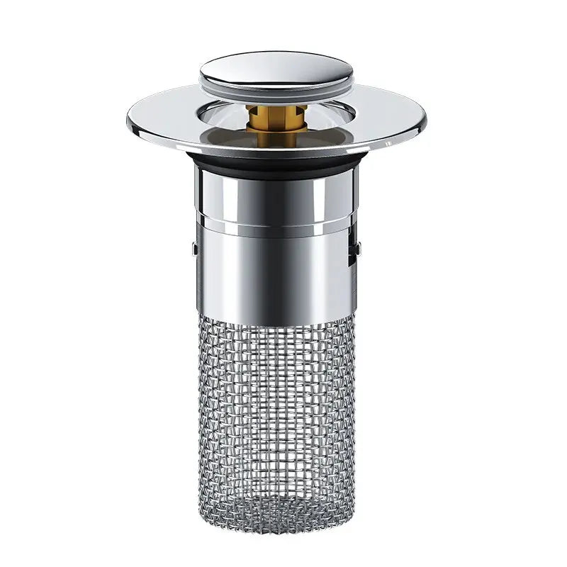 A stainless steel press-type sink drain stopper with a mesh filter and a polished metal cap.