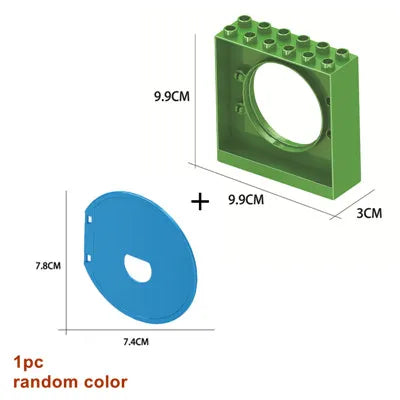 A green marble run building block piece with a circular opening and dimensions of 9.9cm by 3cm.