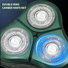 Close-up of a green double ring camber knife net on a shaver head with blue light glow.