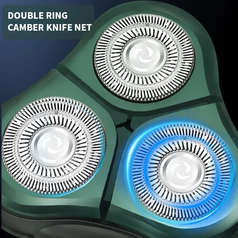 Close-up of a green double ring camber knife net on a shaver head with blue light glow.