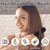 A woman is using a black hair straightener brush with an LED display and battery features to style her hair.