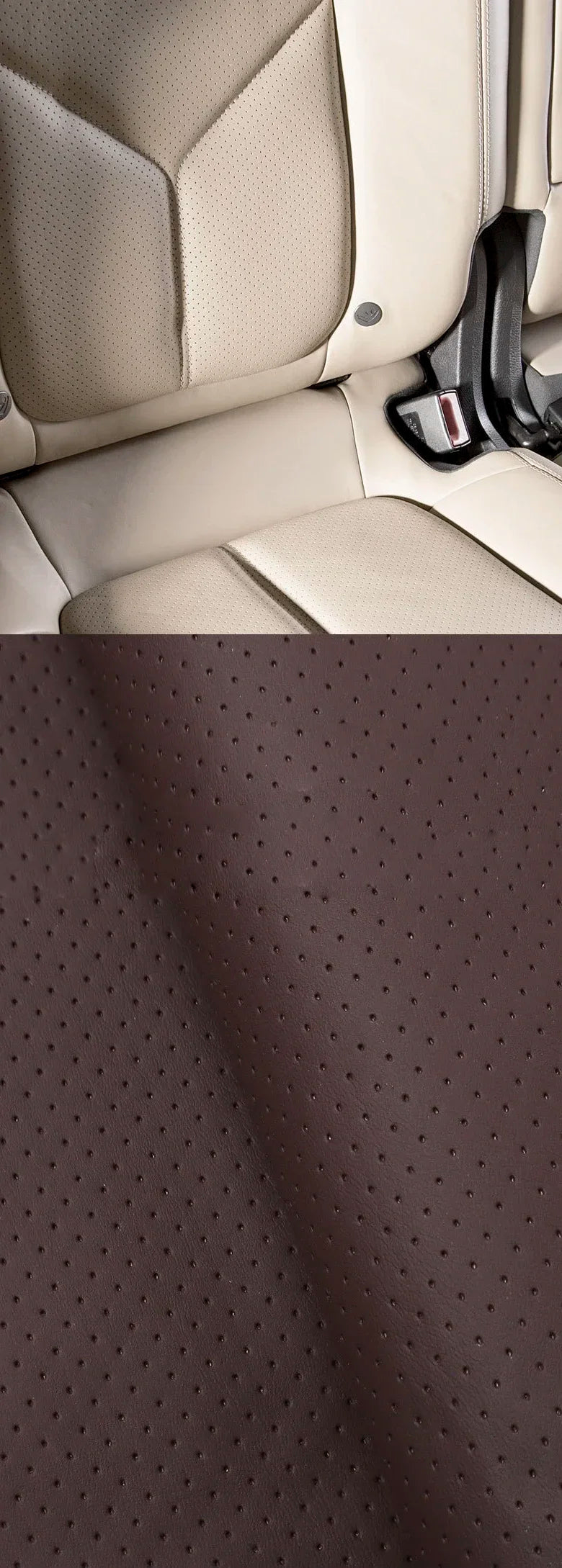 Close-up view of a tan leather seat with a black repair patch and a section of dark brown perforated leather.