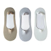 Three pairs of men's no-show socks with silicone grip in beige, gray, and white.