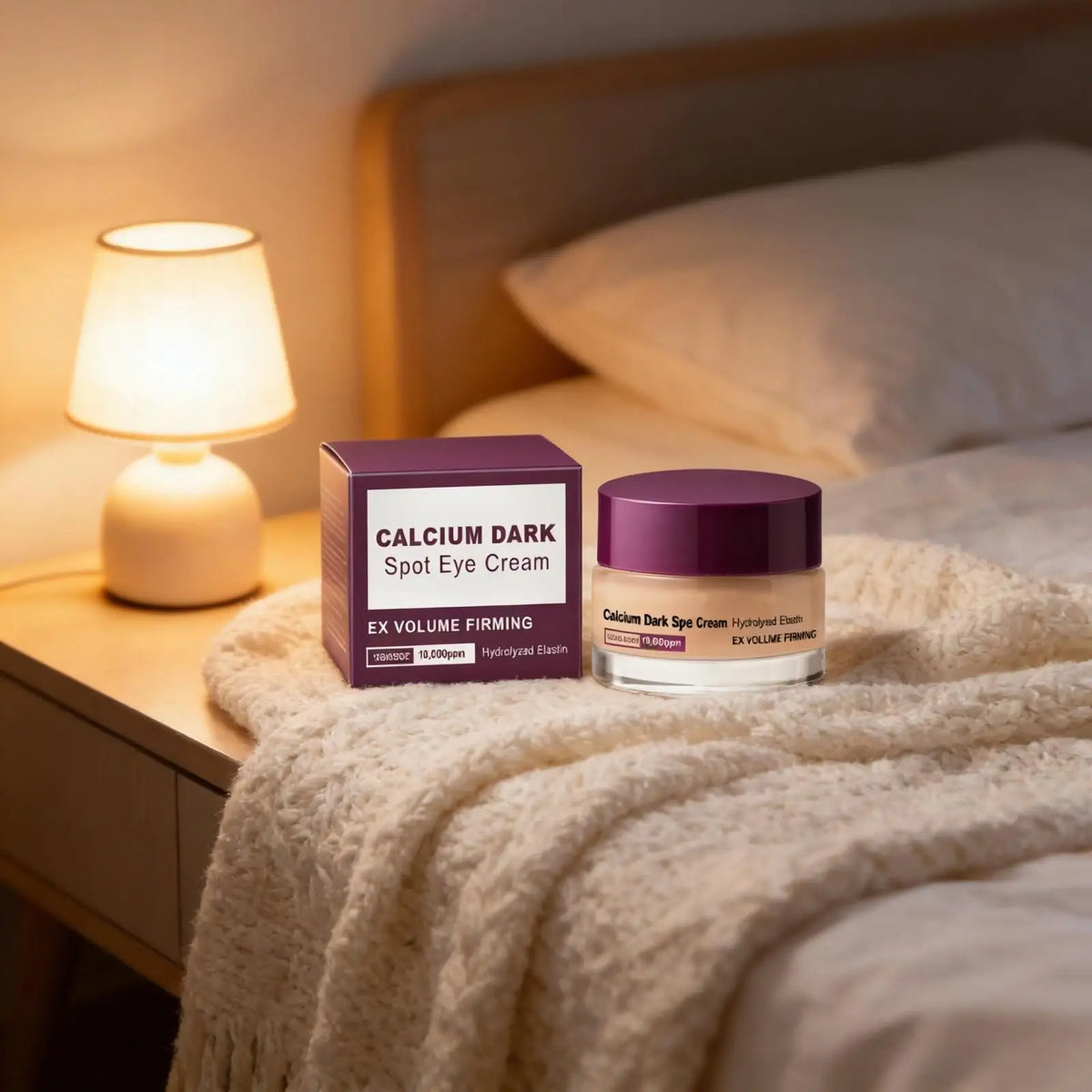 A jar of Calcium Dark Spot Eye Cream is displayed on a bed with a lamp and a knitted blanket.