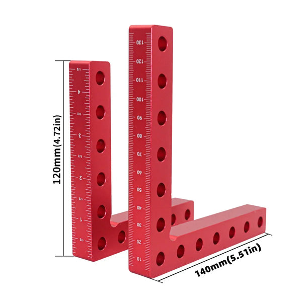 A red 90-degree right angle clamping clip used for woodworking and DIY projects.