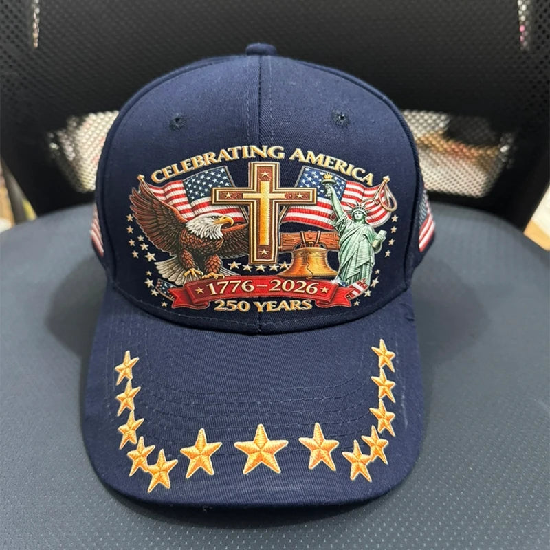 Navy baseball cap featuring a patriotic graphic design with an eagle, a cross, and a statue of liberty.