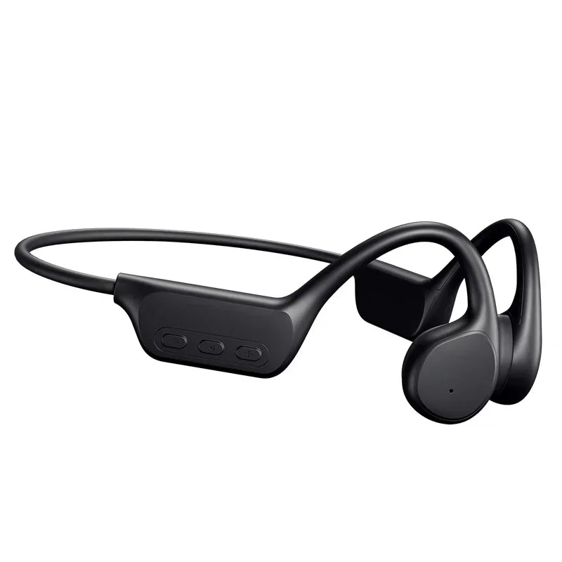 Black bone conduction sports headphones with a flexible headband and ear hooks