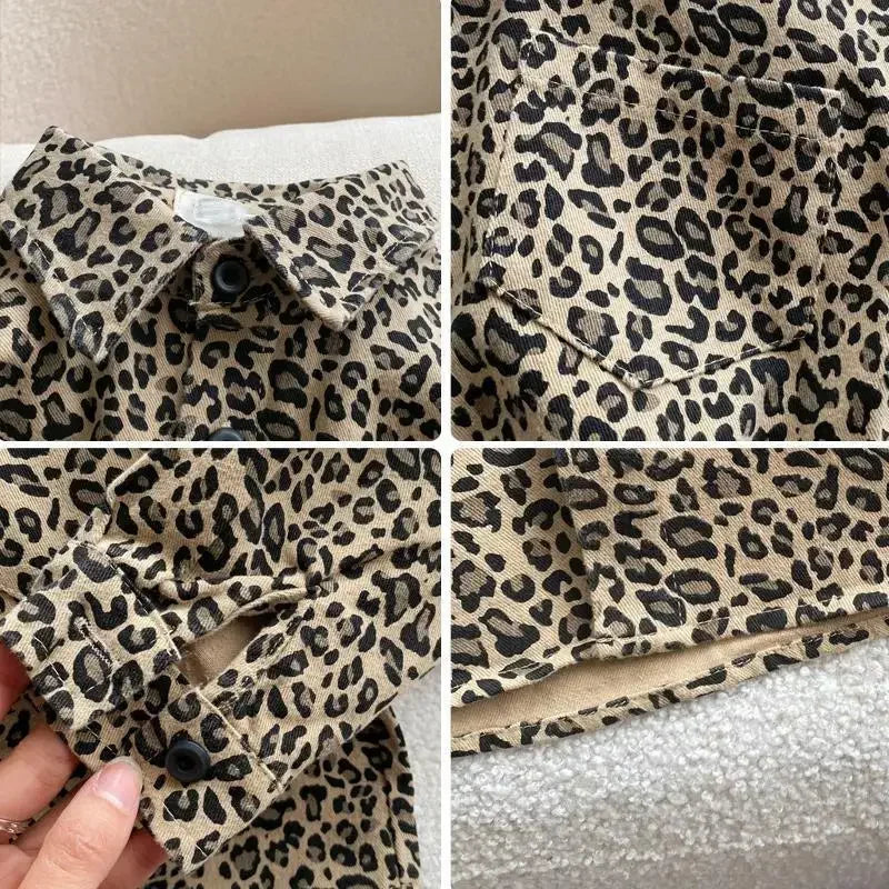 Close-up view of a boys' leopard print denim jacket showing the fabric texture and collar detail.