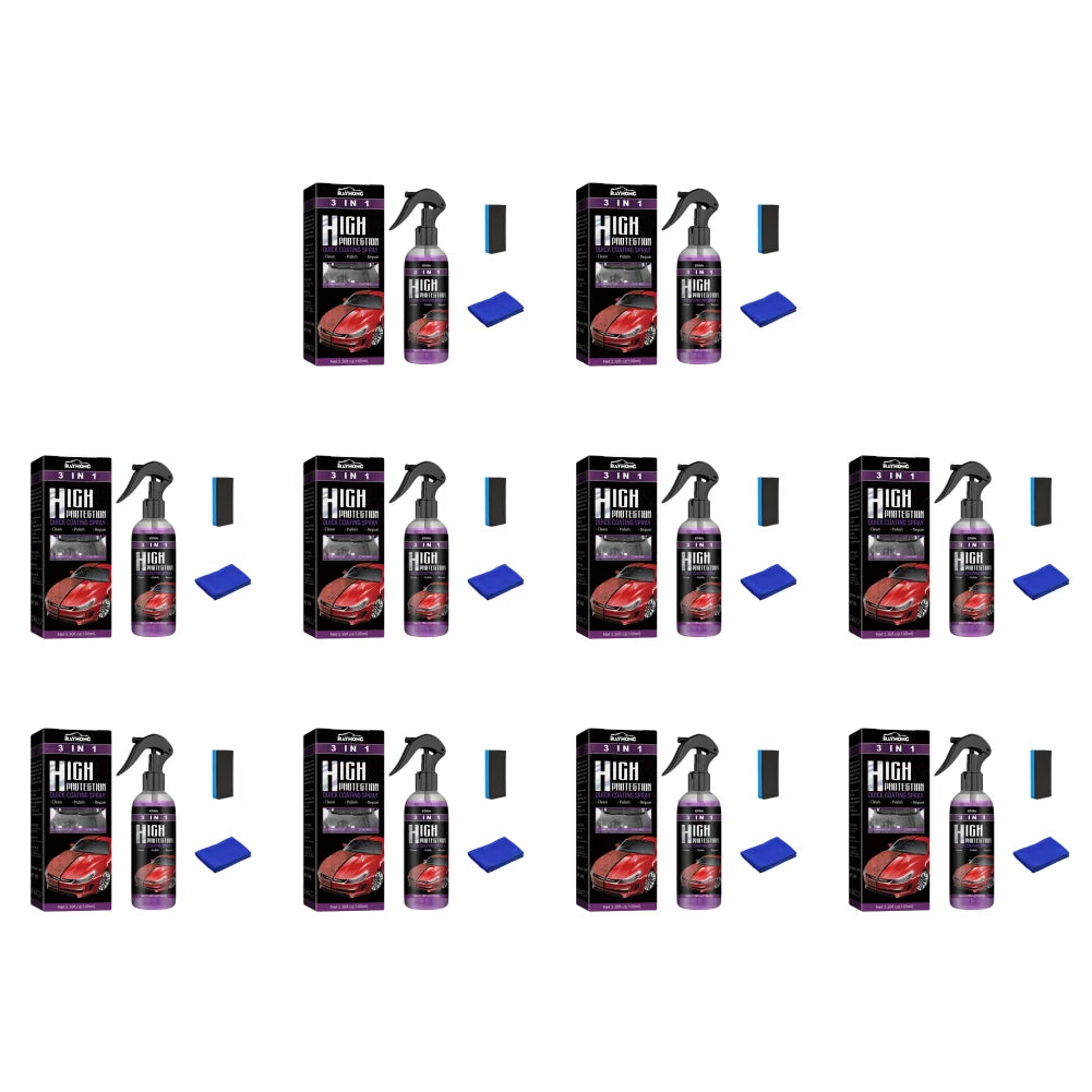A set of three spray bottles and blue applicator pads for a 3-in-1 Nano Ceramic Coating Spray for Cars product.