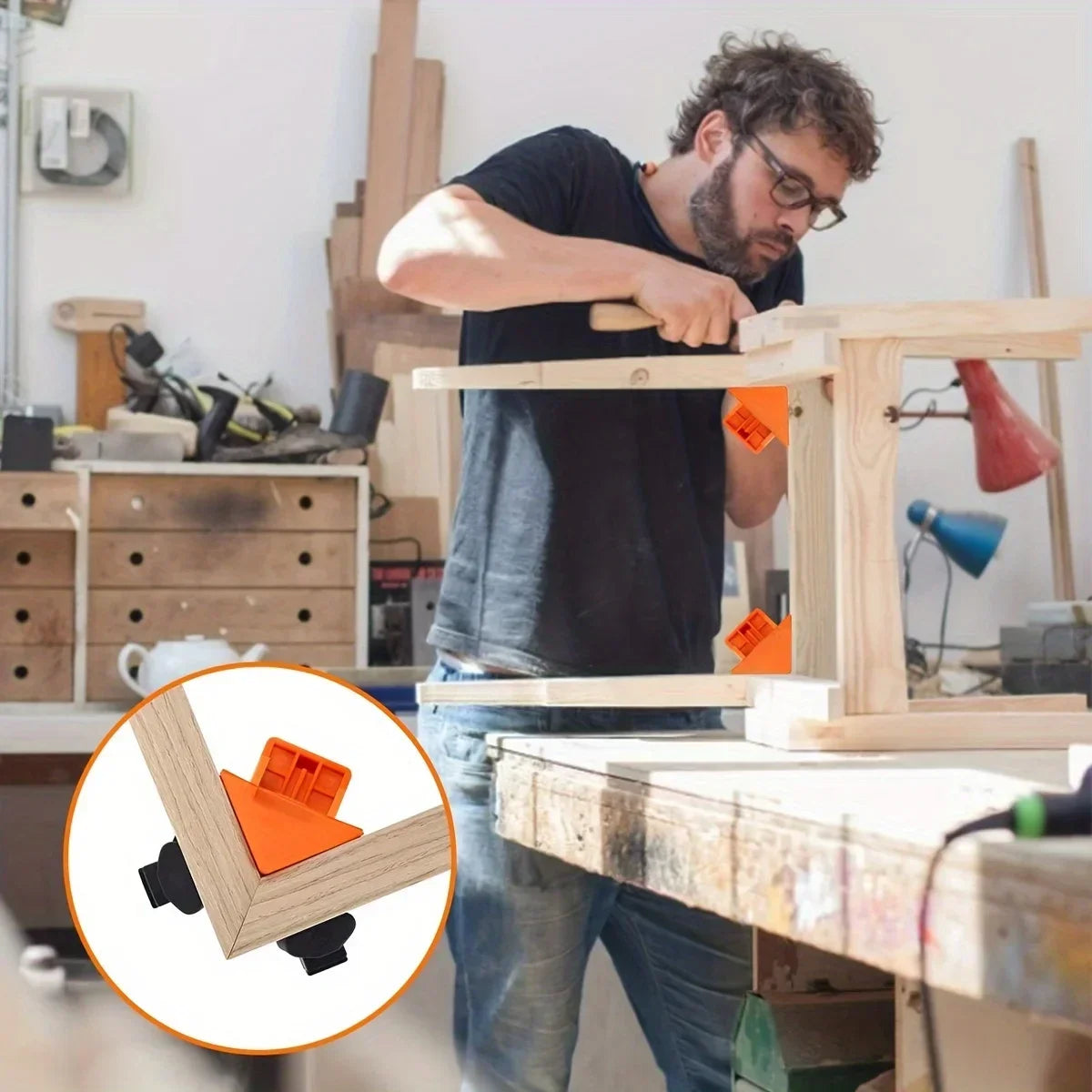 A man is using adjustable right-angle clamps on a wooden workbench for woodworking projects.