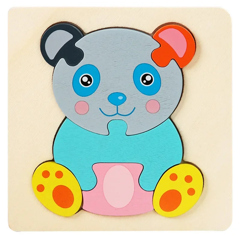 A wooden jigsaw puzzle shaped like a cute, stylized animal with large eyes and colorful ears.