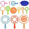A set of various bubble wands and tools for making bubbles, including orange, green, and clear plastic items.