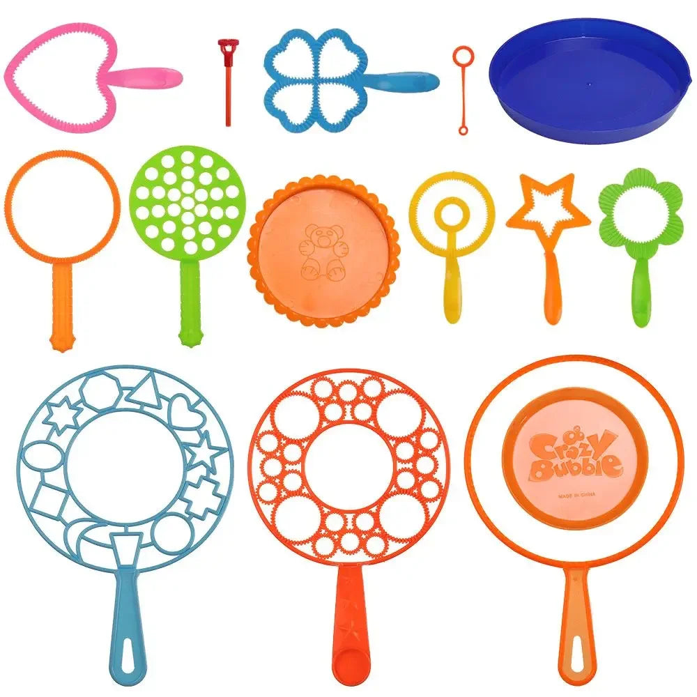 A set of various bubble wands and tools for making bubbles, including orange, green, and clear plastic items.
