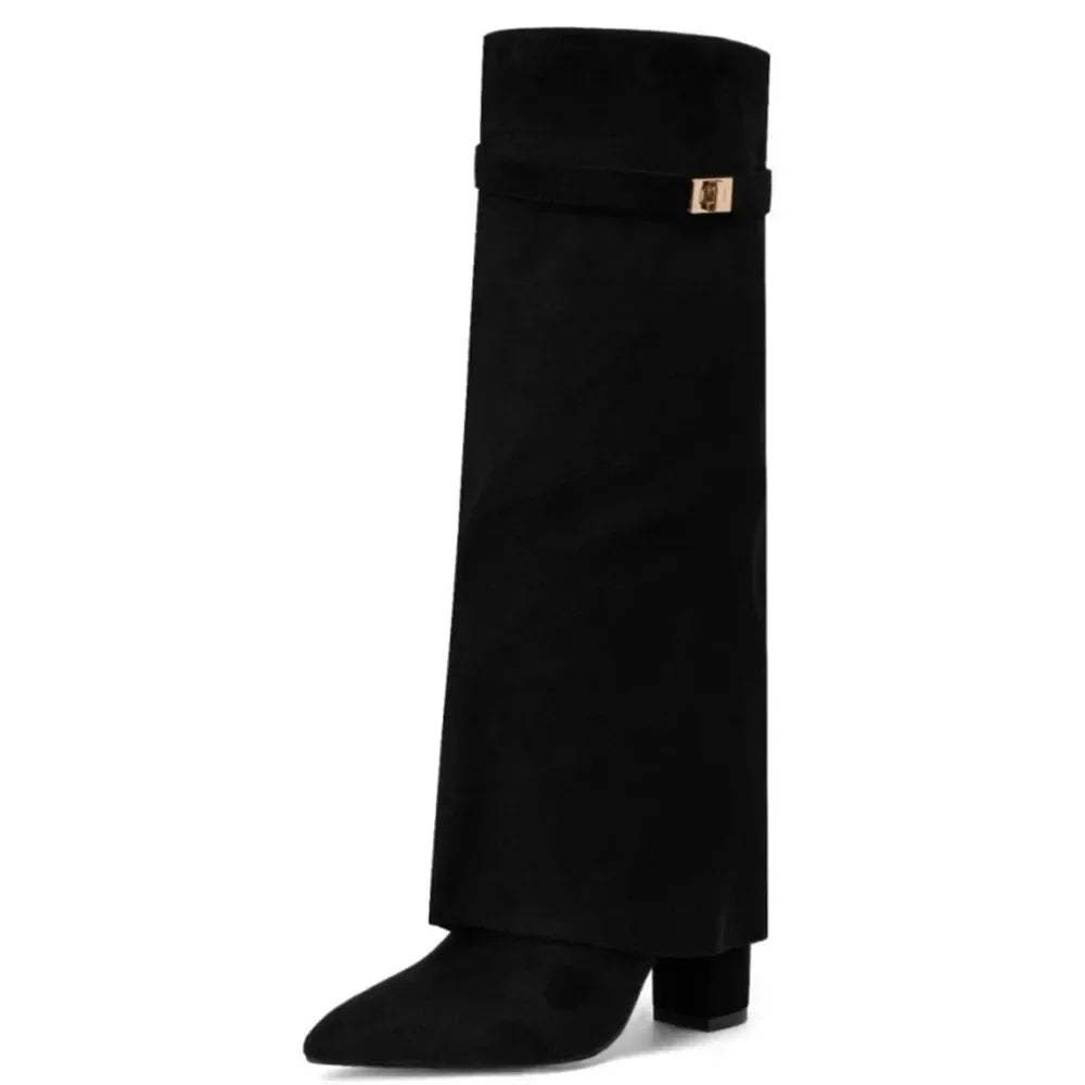 Black knee-high chunky heel boots with a metal buckle for women