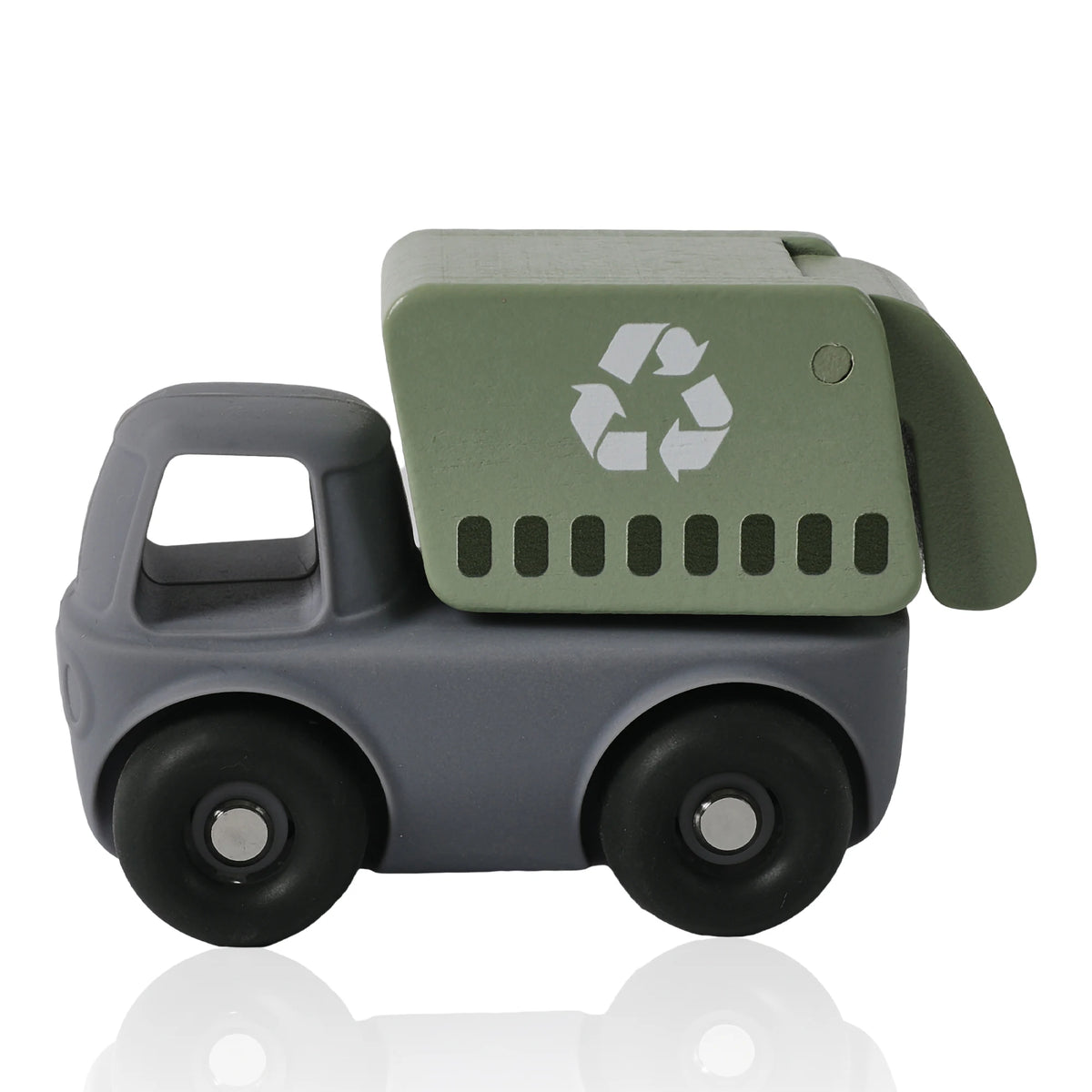 A green silicone teether toy car set with large wheels and a handle.