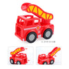 Red marble run building blocks set with tracks and funnels shown from above and in detail.