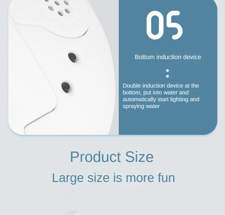 Step 5 of instructions showing a white bath toy with an indication for a bottom induction device.