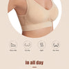 A beige breathable sports bra for plus size women shown on a model, highlighting features like vice milk, light support, and 