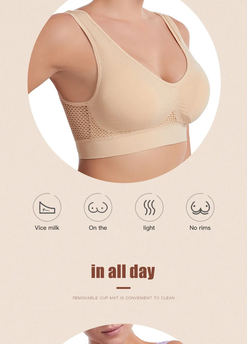 A beige breathable sports bra for plus size women shown on a model, highlighting features like vice milk, light support, and 