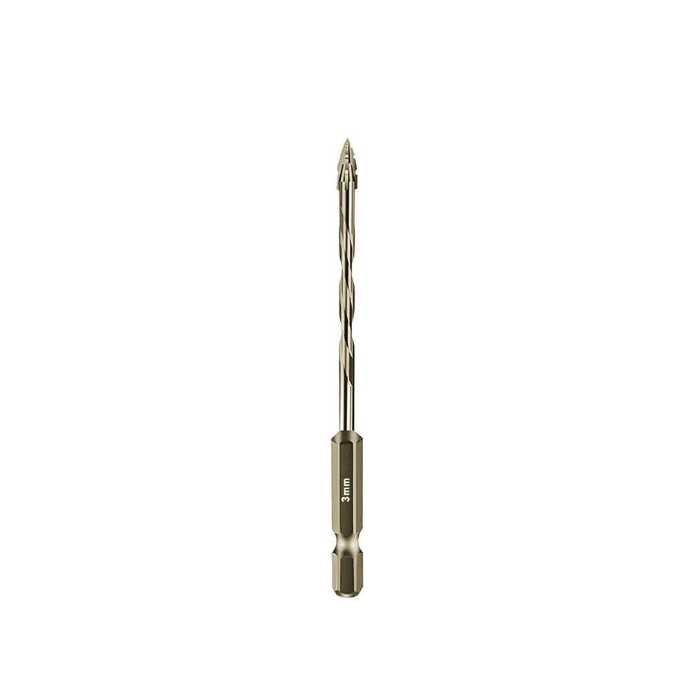 A single stainless steel serrated drill bit with a hexagonal shank.