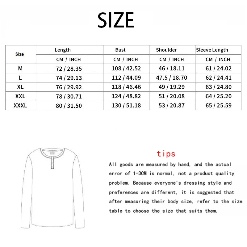 Size chart for a men's casual long-sleeve Henry shirt showing measurements in centimeters and inches.