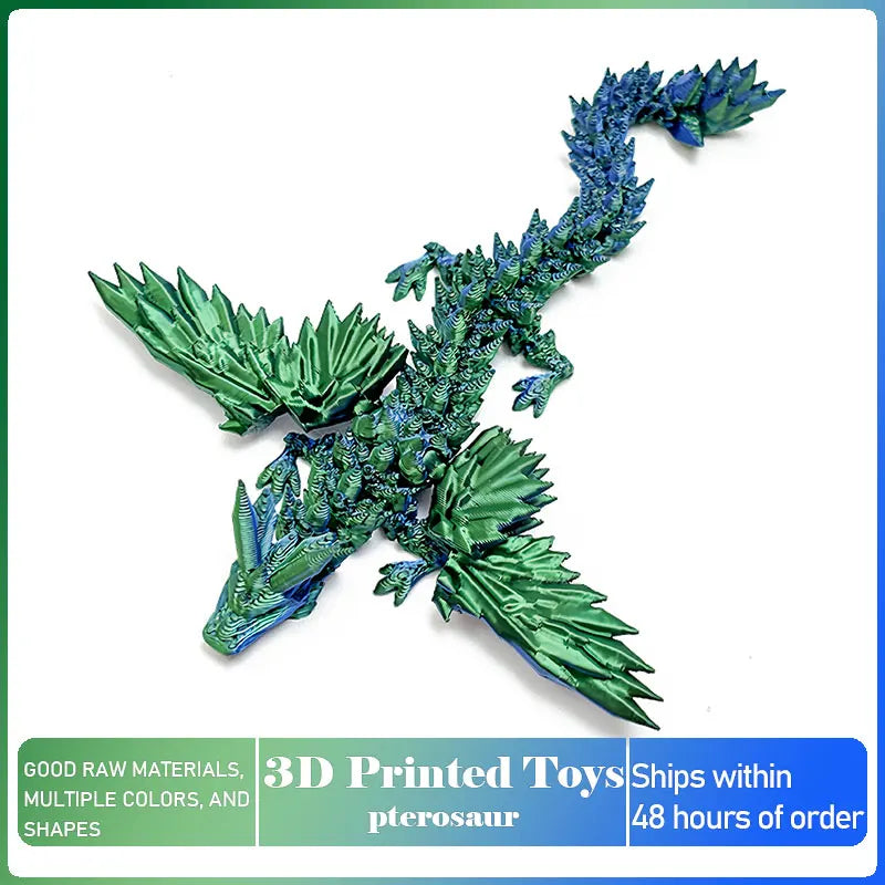Figurilla de pterosaurio impresa en 3D en verde y azul con textura detallada