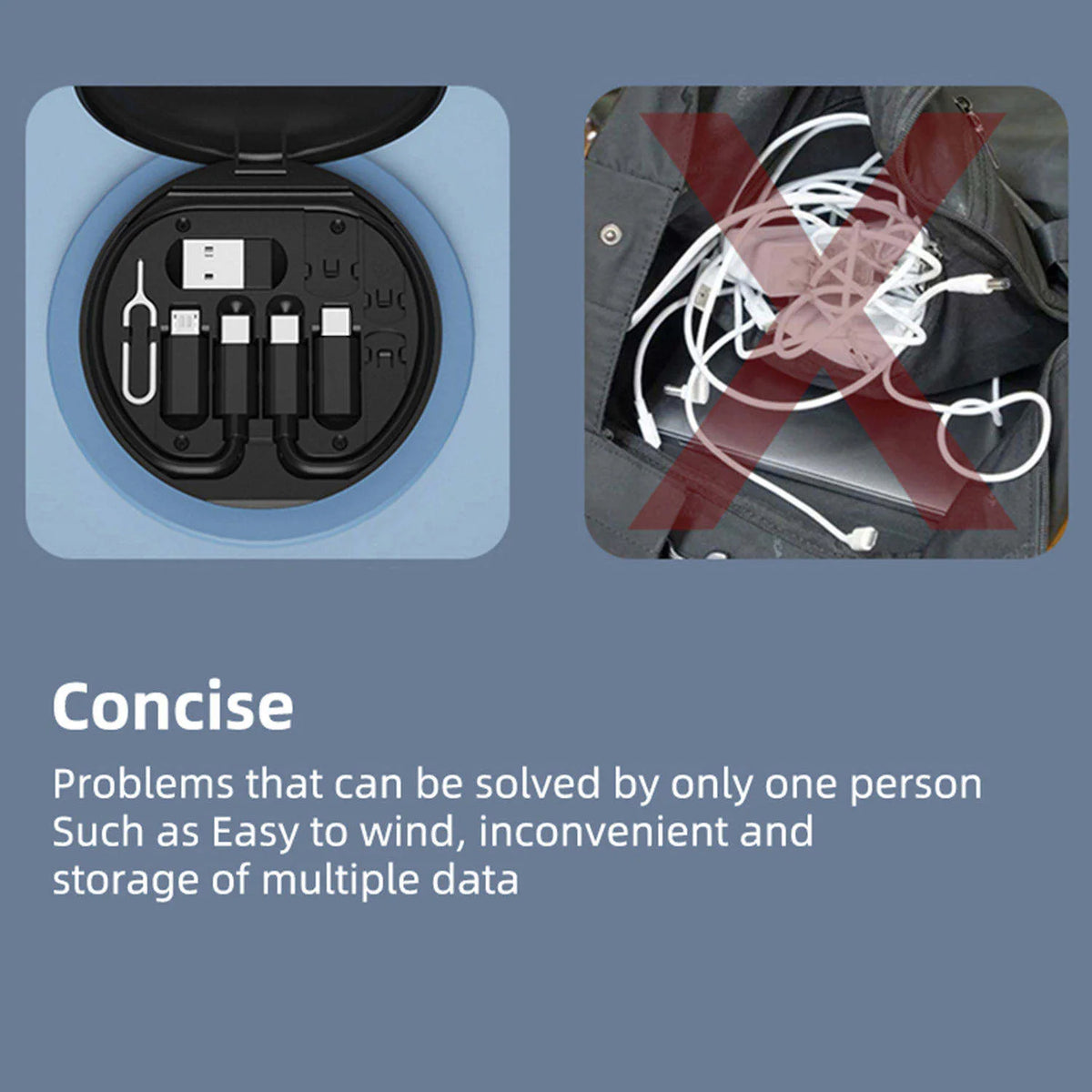 A black storage case for a multi-head fast charging cable organizer with multiple cables neatly stored inside.