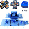 A blue gift box kit containing various items for a DIY explosion surprise gift box.