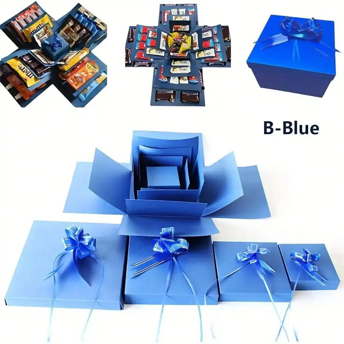 A blue gift box kit containing various items for a DIY explosion surprise gift box.