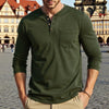 A man wearing an olive green long-sleeve casual shirt with a chest pocket.