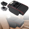 Black car center console organizer with armrest cushion and cup holder shown in use.