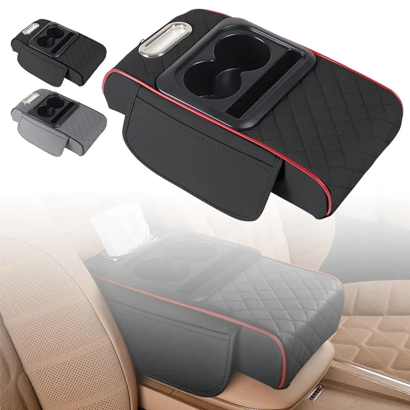 Black car center console organizer with armrest cushion and cup holder shown in use.
