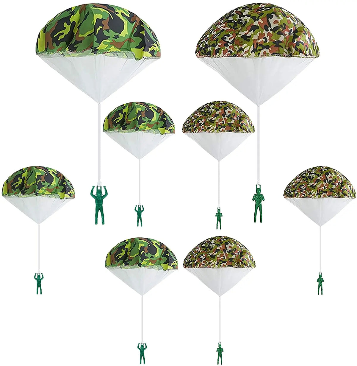 Conjunto de cinco juguetes de paracaídas camuflados para niños, en varios colores y ángulos.