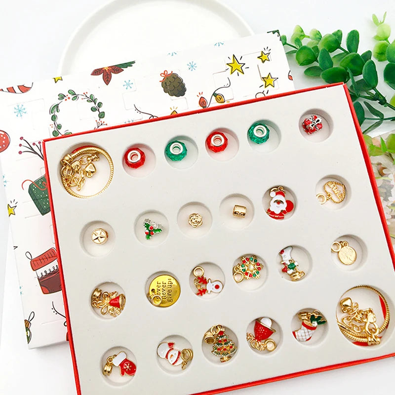 A red advent calendar box filled with 24 charm bracelets for a Christmas countdown.