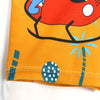 Orange swim trunks featuring a cartoon dinosaur design with blue and black accents.