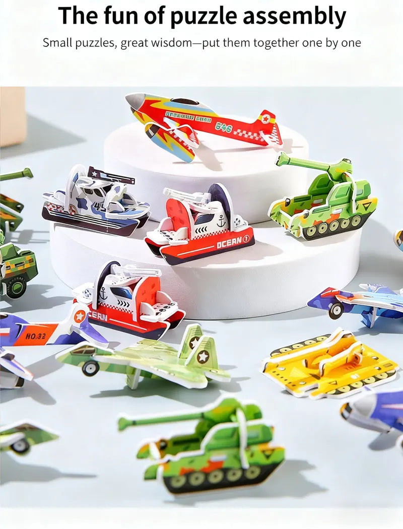 A collection of colorful foam animal puzzle pieces, including airplanes and tanks, arranged on a white surface.