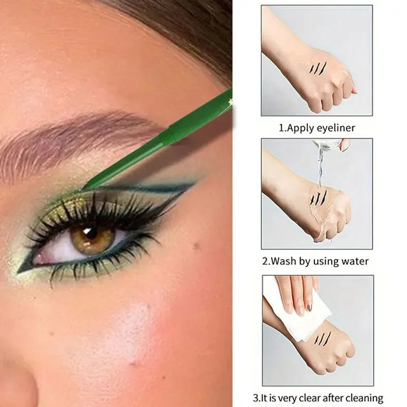 Demostración de aplicación y limpieza de delineador de ojos en gel mate impermeable en un ojo.