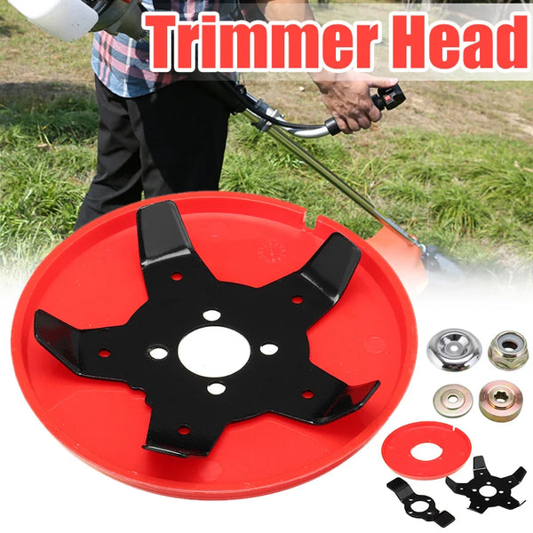 Red trimmer head plate with interchangeable blade and mounting hardware for string trimmers