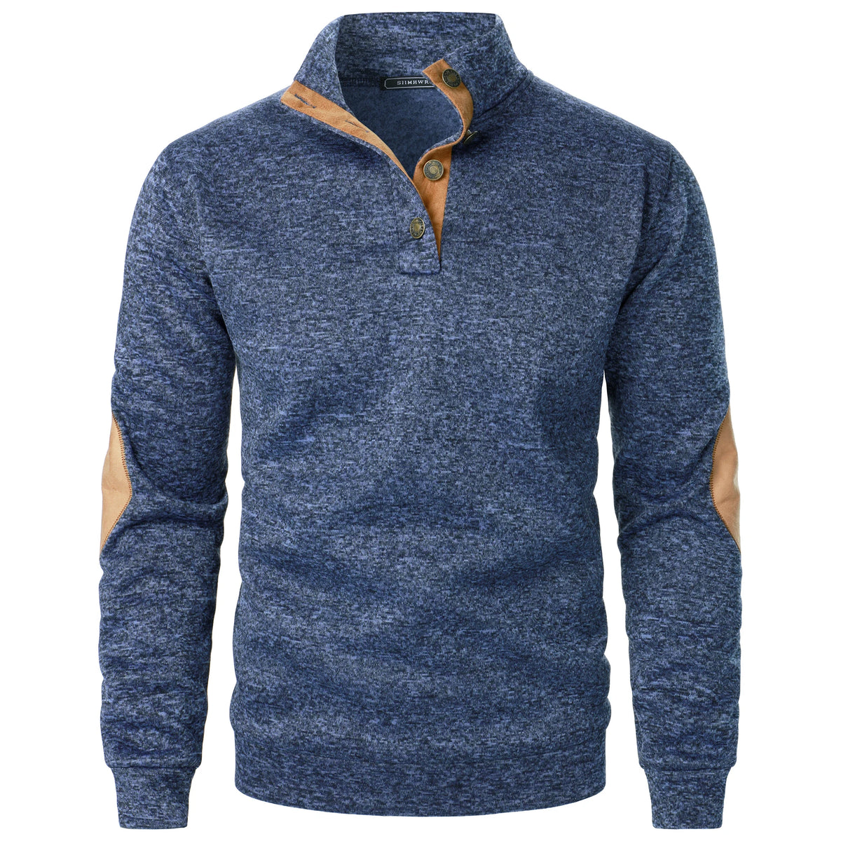 Mørkeblå strikket pullover med stående krave og brun kant.