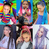 A collage of various hair extensions featuring colorful pre-braided ponytails and braids.