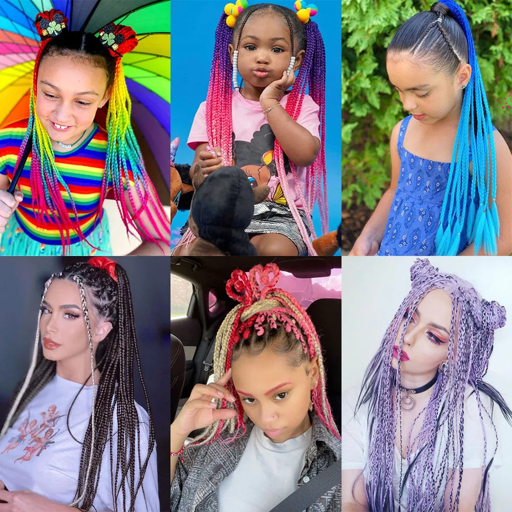 A collage of various hair extensions featuring colorful pre-braided ponytails and braids.