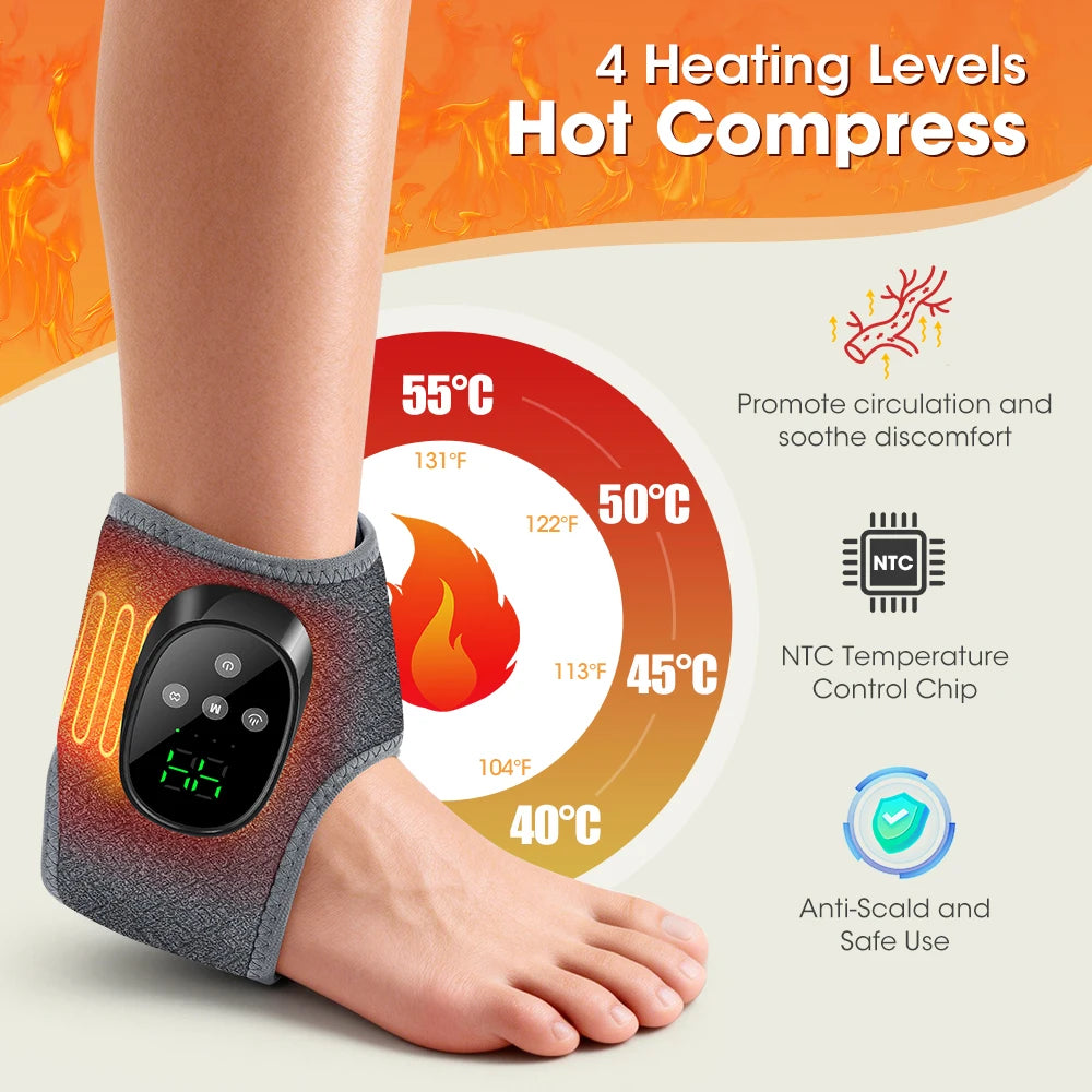 A person's ankle is shown wearing a silicone heating pad for hot compress therapy with an electronic control chip.