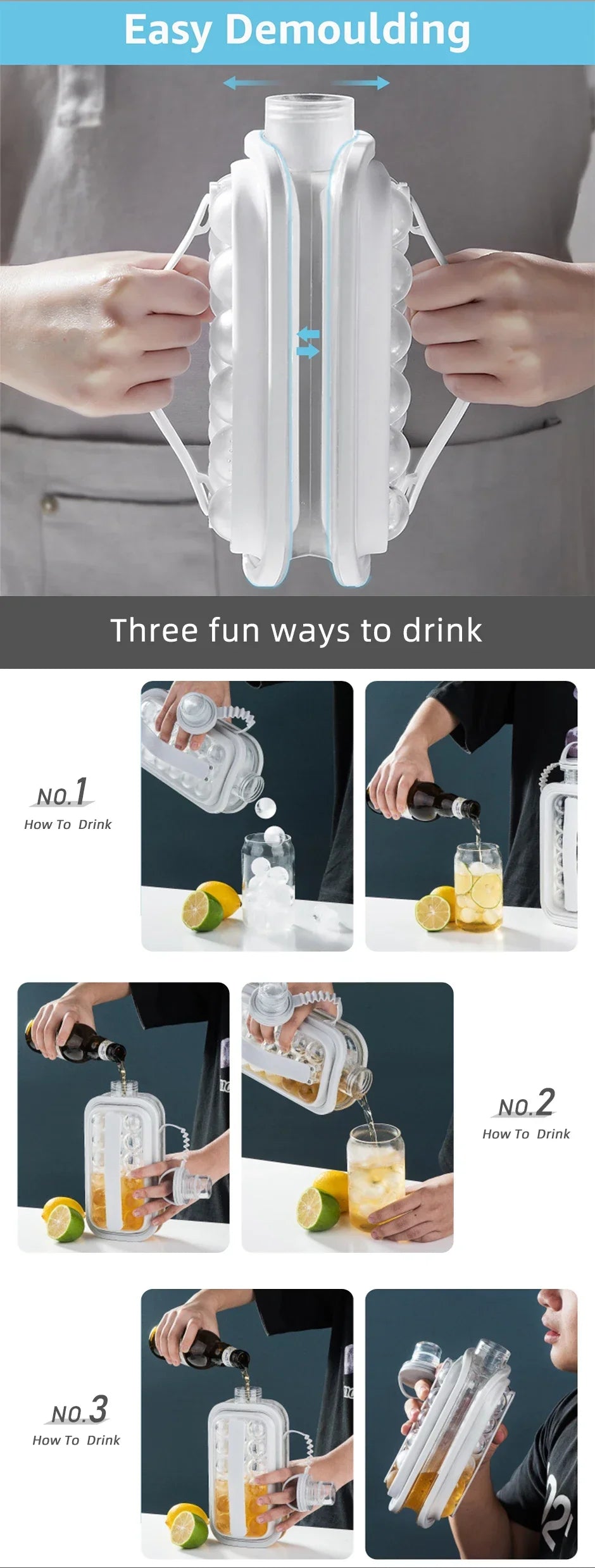 Et produkt som viser tre måter å drikke på med en foldbar iskule og whisky-isformbrett.
