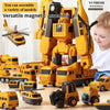 A yellow magnetic engineering car robot building blocks toy set with various assembled models and components.