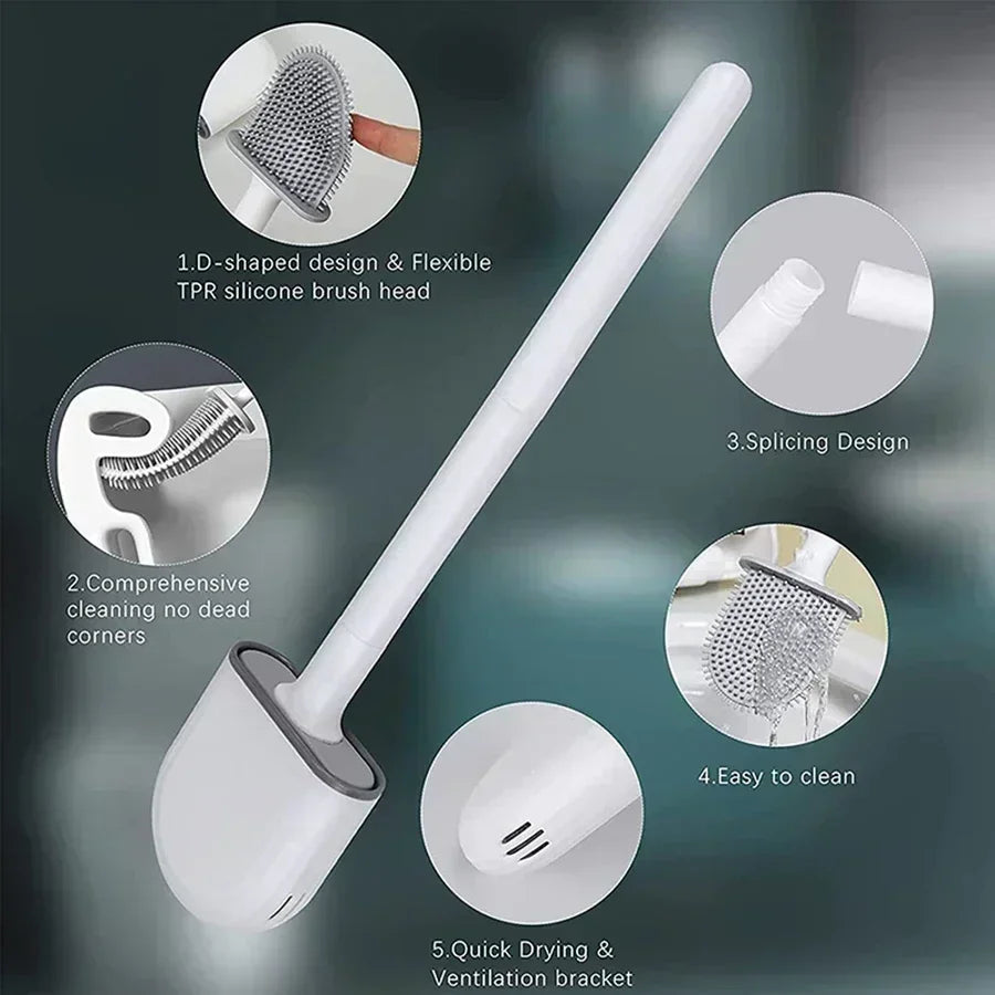 A white wall-mounted silicone toilet brush set showing various features like the 1D-shaped head, splicing design, and easy cl