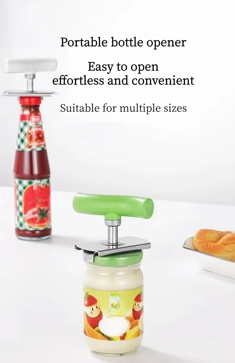 A portable bottle opener tool is shown next to a glass jar, demonstrating its use for opening bottles and jars.