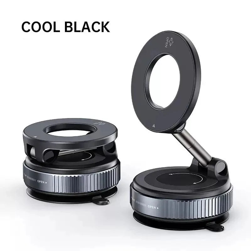 A black 360° rotating magnetic foldable phone holder for car and desk.