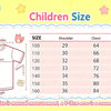 Size chart for children's shirts showing measurements for shoulder, chest, and length in centimeters.
