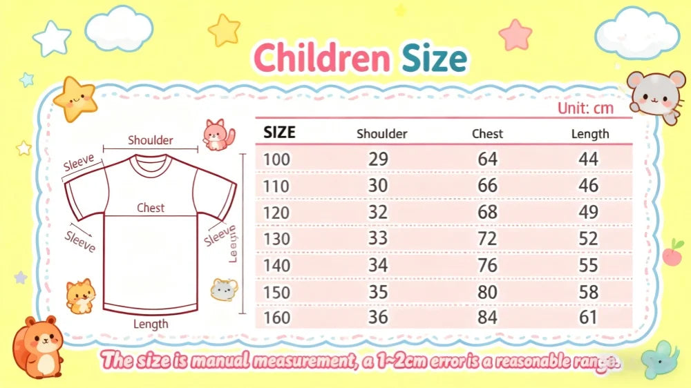 Size chart for children's shirts showing measurements for shoulder, chest, and length in centimeters.
