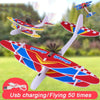 Red and blue foam glider airplane toy with propellers shown in flight against a green background.